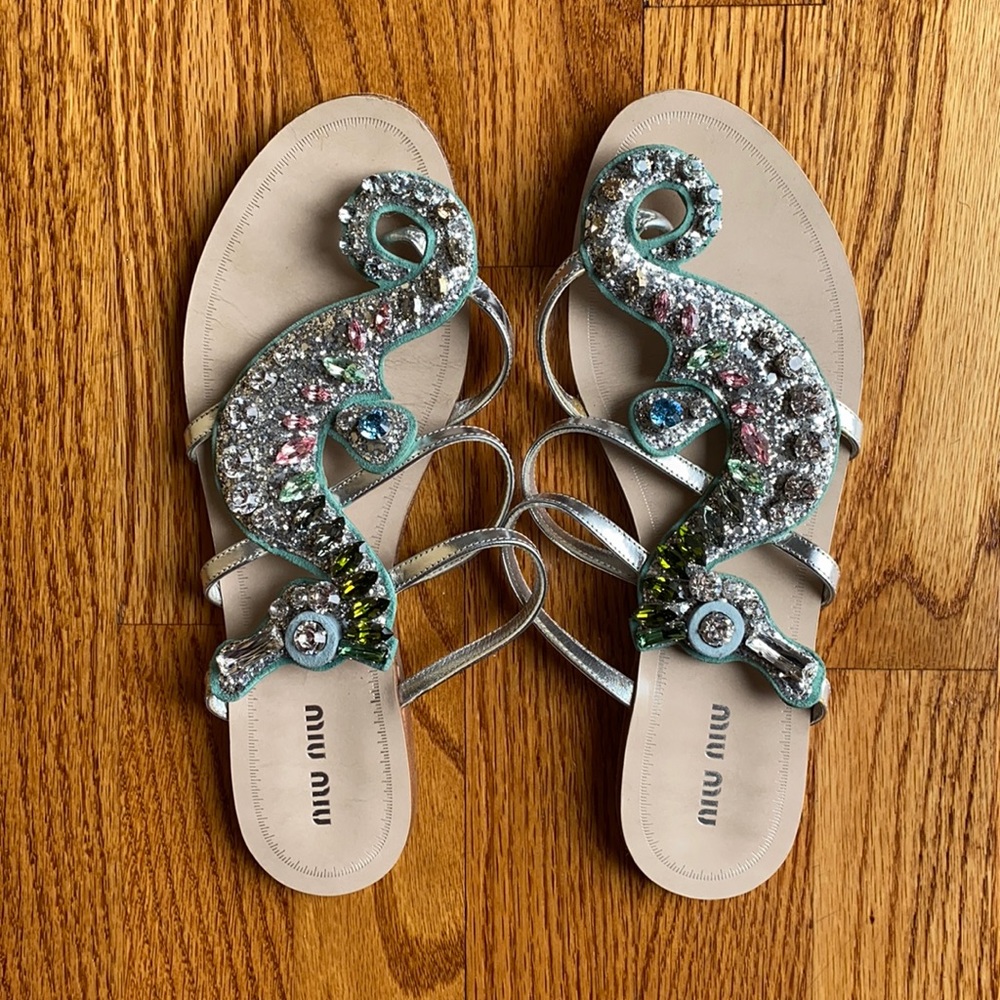 Miu Miu bejeweled seahorse sandals